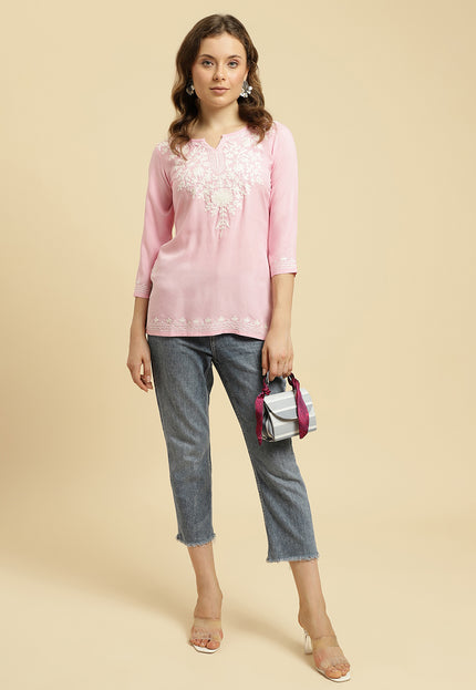 Light Pink Aari Short Kurti For Women
