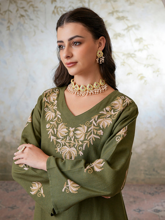 Qazmi Women's Kashmiri Chinarkari Work Olive Green CoOrd Set