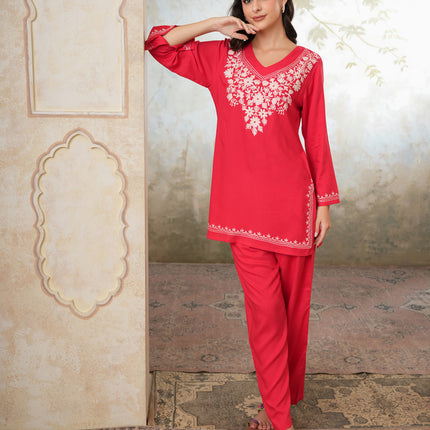 Qazmi Women's Kashmiri Aari Work Navy Blue CoOrd Set