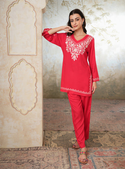 Qazmi Women's Kashmiri Aari Work Red CoOrd Set