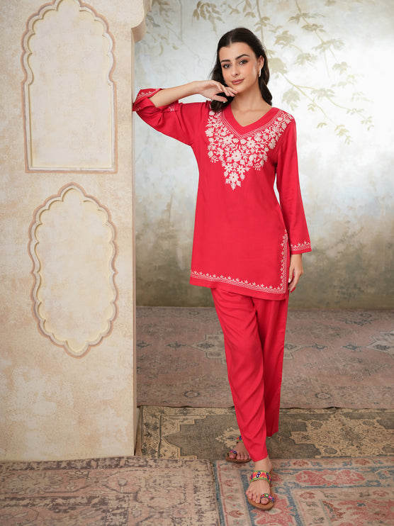 Qazmi Women's Kashmiri Aari Work Navy Blue CoOrd Set