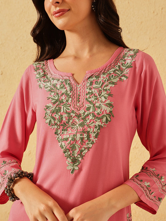 Qazmi Women's Mahsa Kashmiri Aari Work Peach Straight Kurta