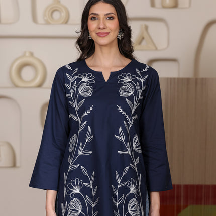 Qazmi Women's Aari Embroidered Pure Cotton Short Kurta