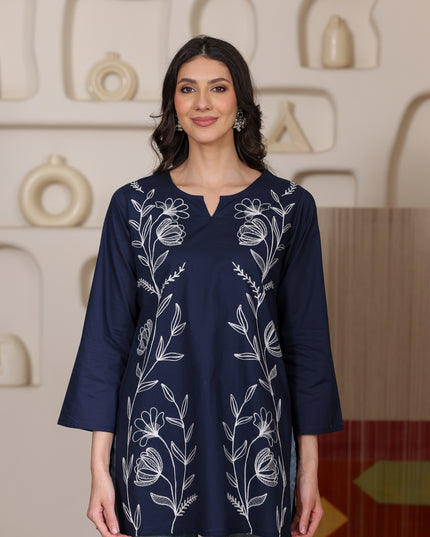 Qazmi Women's Aari Embroidered Pure Cotton Short Kurta