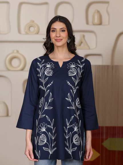 Qazmi Women's Aari Embroidered Pure Cotton Short Kurta