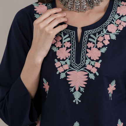 Qazmi Women's Aari Embroidered Pure Cotton Short Kurta