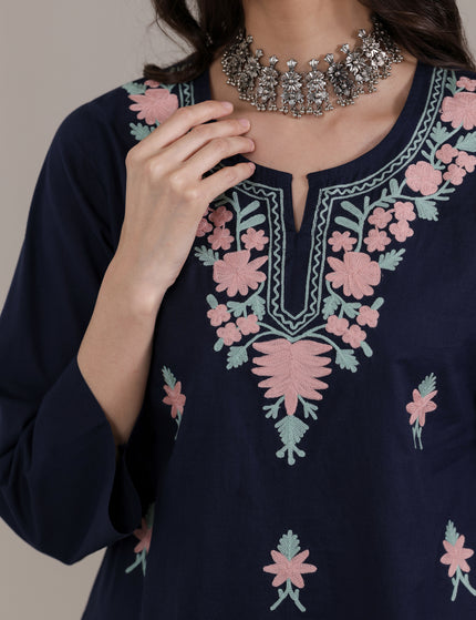 Qazmi Women's Aari Embroidered Pure Cotton Short Kurta