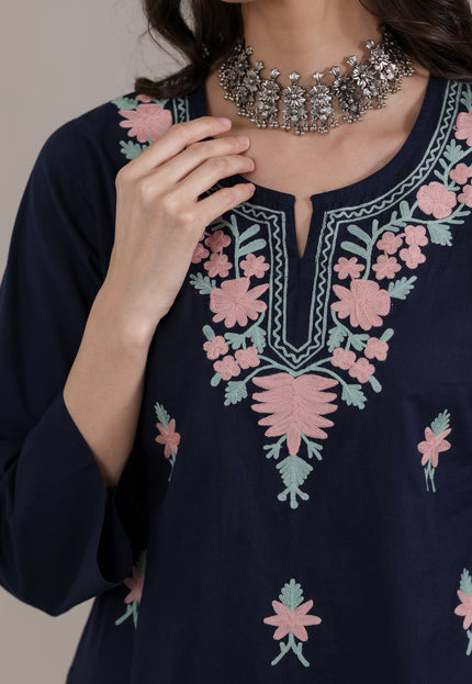 Qazmi Women's Aari Embroidered Pure Cotton Short Kurta