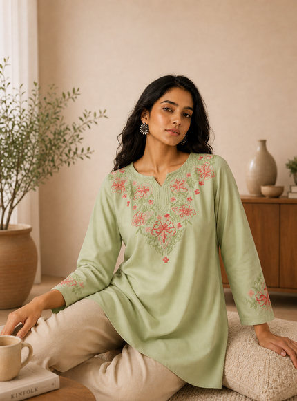 Qazmi Women's Kashmiri A-Line Light Pink Kurti