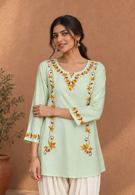 Qazmi Women Kashmiri Aari Embroidered A-Line Viscose Rayon Short Kurti with Full Sleeves