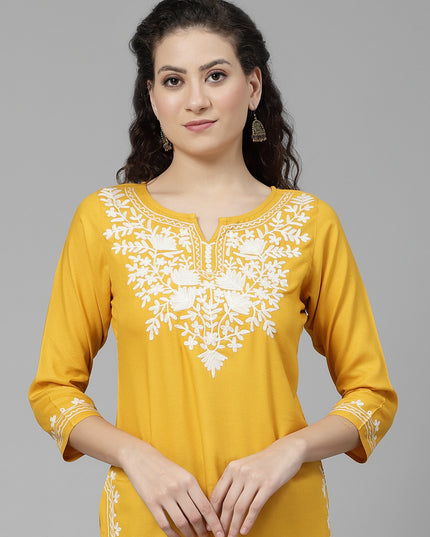 Musturd White Aari Short Kurti For Women