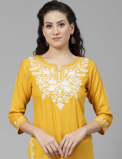 Musturd White Aari Short Kurti For Women