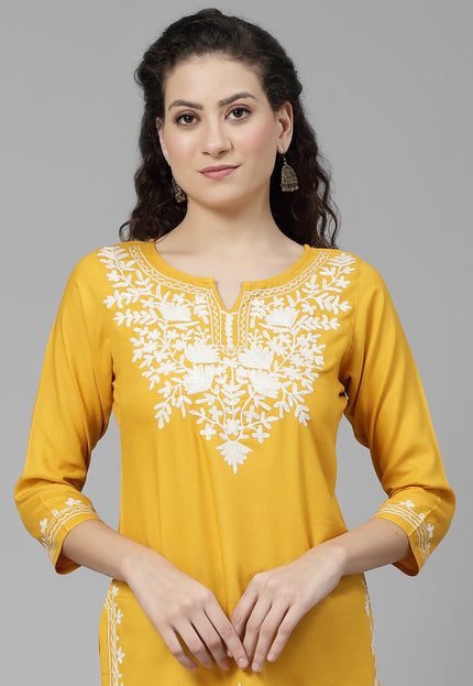 Musturd White Aari Short Kurti For Women