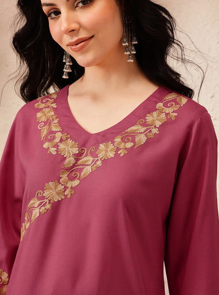 Qazmi Women's Jina V-Neck Kashmiri Aari Work Full Sleeves Kurti