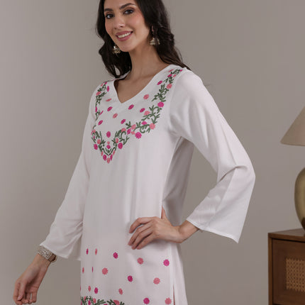 Qazmi Women's Aari Embroidered Viscose Rayon Full Sleeves Straight Kurti