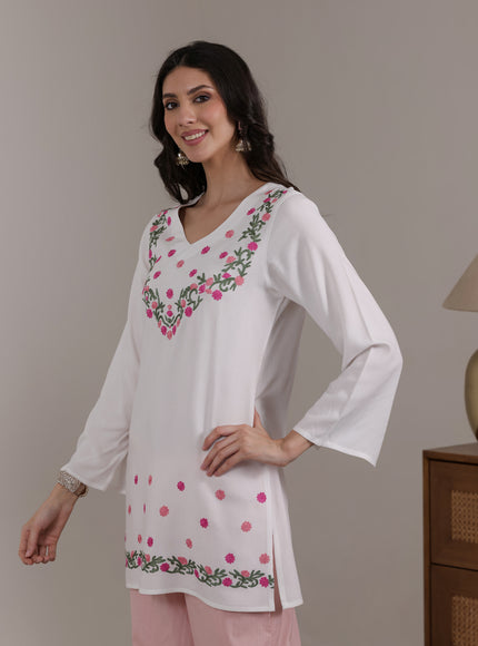 Qazmi Women's Aari Embroidered Viscose Rayon Full Sleeves Straight Kurti