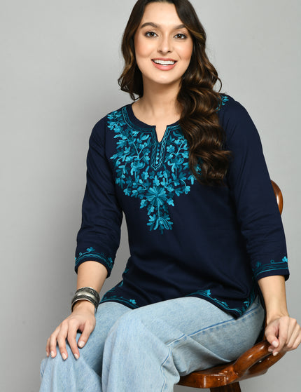 Blue Rama Green Aari Short Kurti For Women