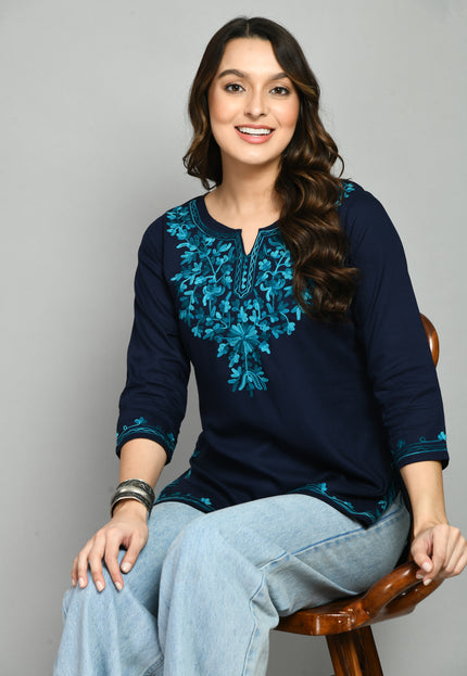 Blue Rama Green Aari Short Kurti For Women