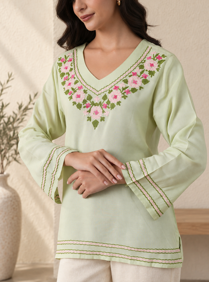 Qazmi Women's Ariana Kashmiri Embroidered V-Neck Short Kurti