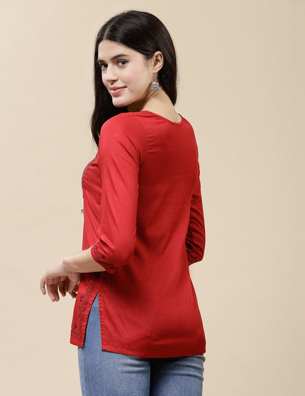 Red Self Aari Short Kurti For Women
