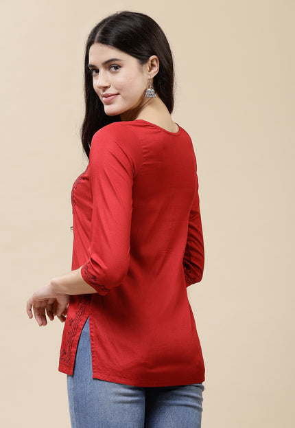 Red Self Aari Short Kurti For Women