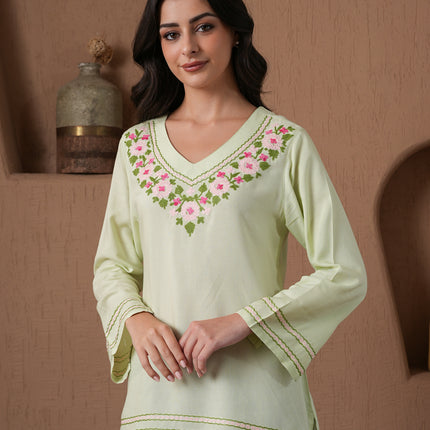 Qazmi Women's Amina Kashmiri Embroidered V-Neck Short Kurti