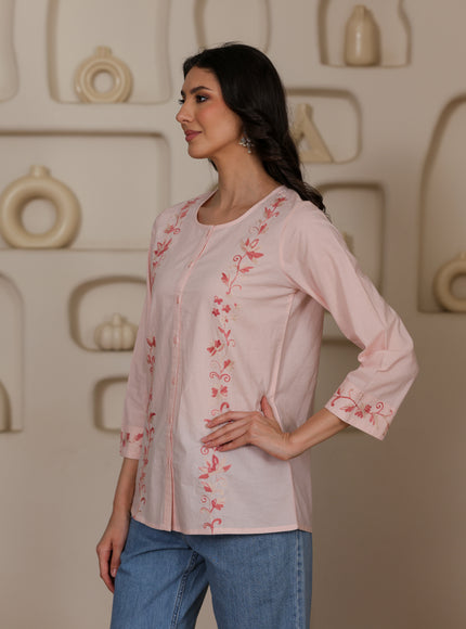 Qazmi Women Aari Embroidered Pure Cotton Mandarin Collar Top
