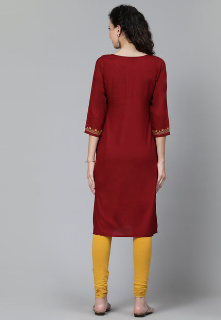 Maroon Multi-Design Aari Long Kurti For Women