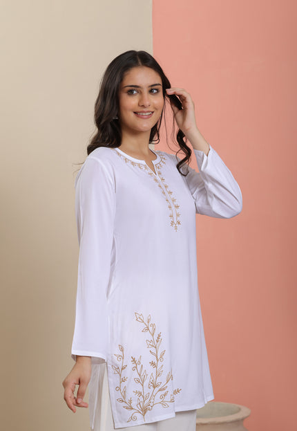 Qazmi Women's Aari Embroidered Pure Cotton Short Kurta