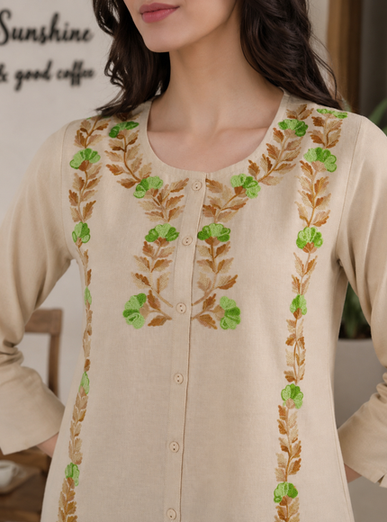 Qazmi Women Aari Embroidered Cotton Linen Buttoned Top