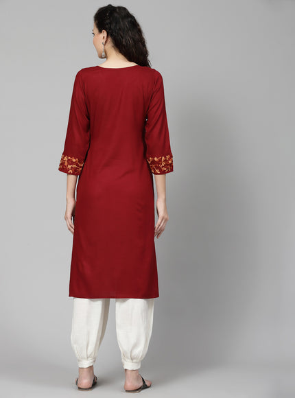 Maroon A-Line Aari Long Kurti For Women