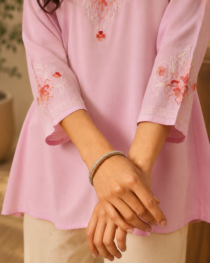 Qazmi Women's Kashmiri A-Line Light Pink Kurti