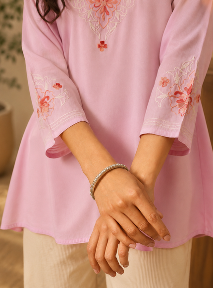 Qazmi Women's Kashmiri A-Line Light Pink Kurti