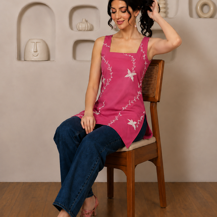 Qazmi Women Embroidered Viscose Rayon Sleeveless Kurti with Square Neck & Tie-Up Back