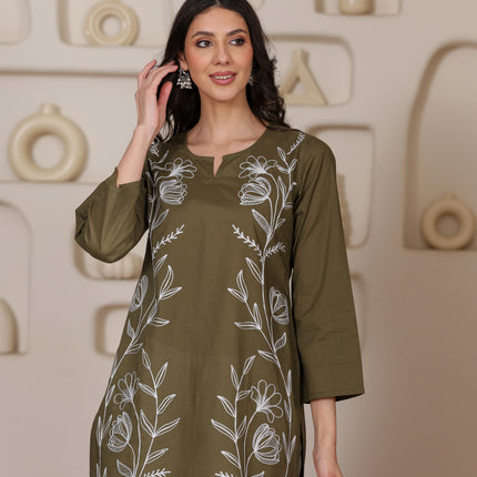 Qazmi Women's Aari Embroidered Pure Cotton Short Kurta