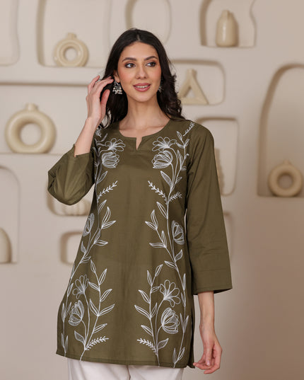 Qazmi Women's Aari Embroidered Pure Cotton Short Kurta