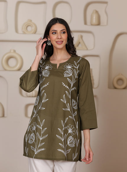 Qazmi Women's Aari Embroidered Pure Cotton Short Kurta