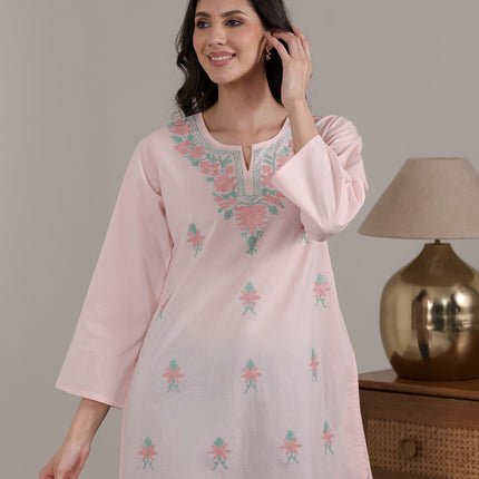 Qazmi Women's Aari Embroidered Pure Cotton Short Kurta