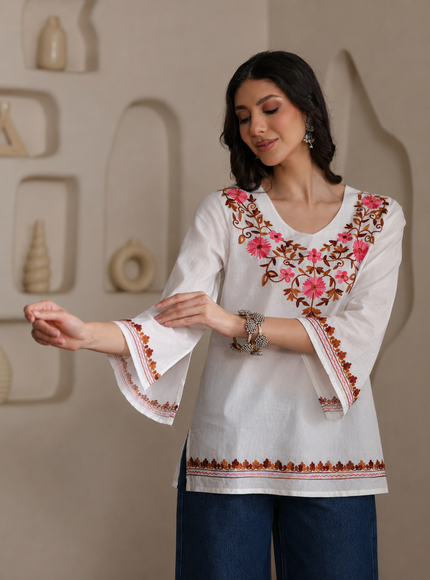 Qazmi Women's Nafisa Kashmiri Aari Work V-Neck Blue Kurti