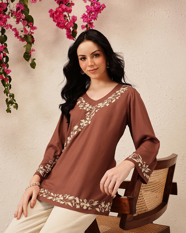 Qazmi Women's Jina V-Neck Kashmiri Aari Work Full Sleeves Kurti