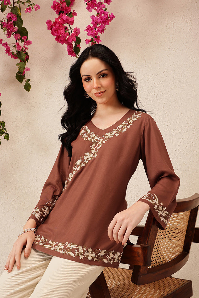 Qazmi Women's Jina V-Neck Kashmiri Aari Work Full Sleeves Kurti
