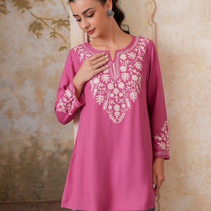 Qazmi Women's Kashmiri A-Line Full Sleeves Viscose Rayon Black Flared Short Kurti