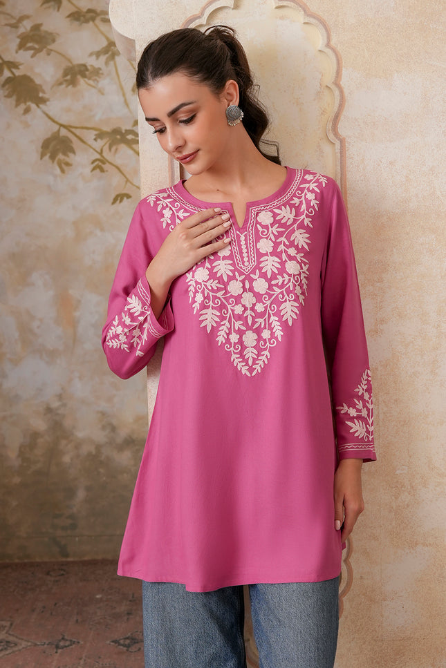 Qazmi Women's Kashmiri A-Line Full Sleeves Viscose Rayon Black Flared Short Kurti