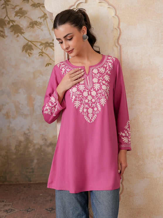 Qazmi Women's Kashmiri A-Line Full Sleeves Viscose Rayon Black Flared Short Kurti