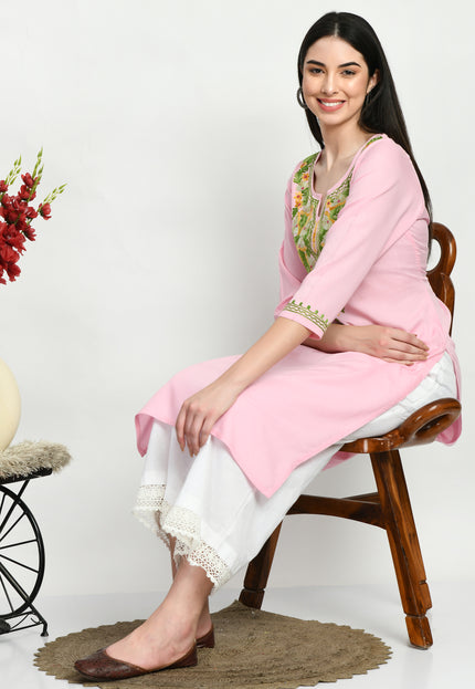Light Pink Multi Aari Long Kurti For Women
