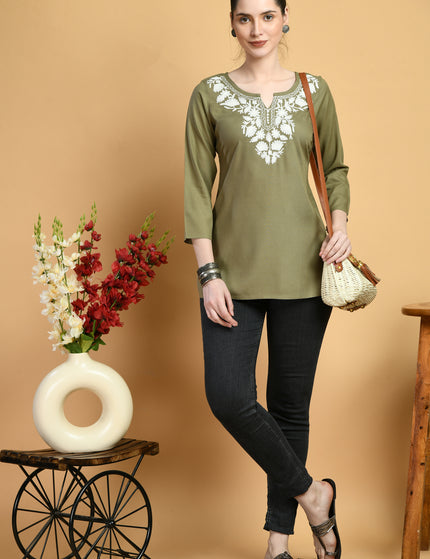 Olive Off White Short Kurti For Women