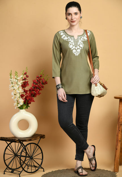 Olive Off White Short Kurti For Women
