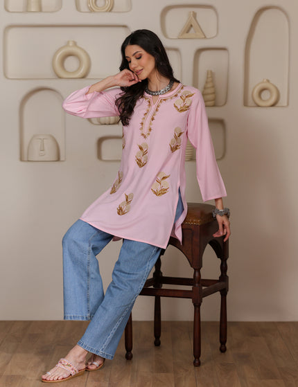 Qazmi Women Kashmiri Aari Embroidered Viscose Rayon Short Kurta