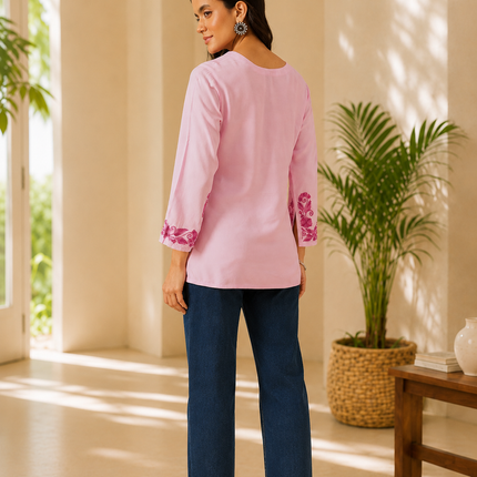 Qazmi Women's Jina V-Neck Kashmiri Aari Work Full Sleeves Kurti