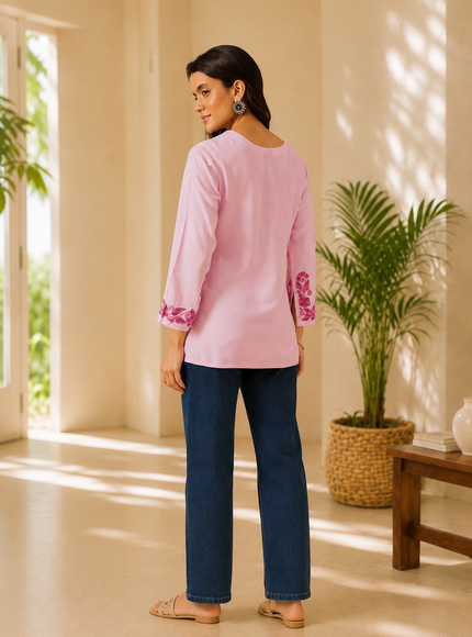 Qazmi Women's Jina V-Neck Kashmiri Aari Work Full Sleeves Kurti